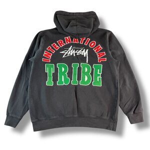Stussy Vintage Black Hoodie Sweater Tribal Varsity International Embroidered M